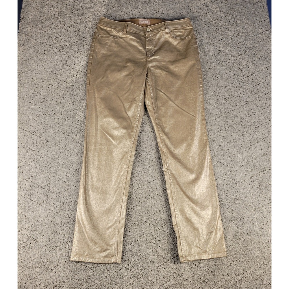 Chicos Pants Womens 7 Brown Metallic Straight Leg Mid Rise Stretch Festival